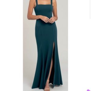 Jenny Yoo floor length emerald green dress with side slit